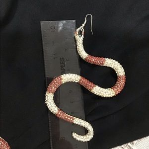 Snake Serpent drop earrings. Two toned, silver/red